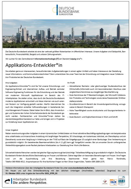 Stellenangebot: Applikations-Entwickler*in bei der Bundesbank Applikations Entwickler Bundesbank
