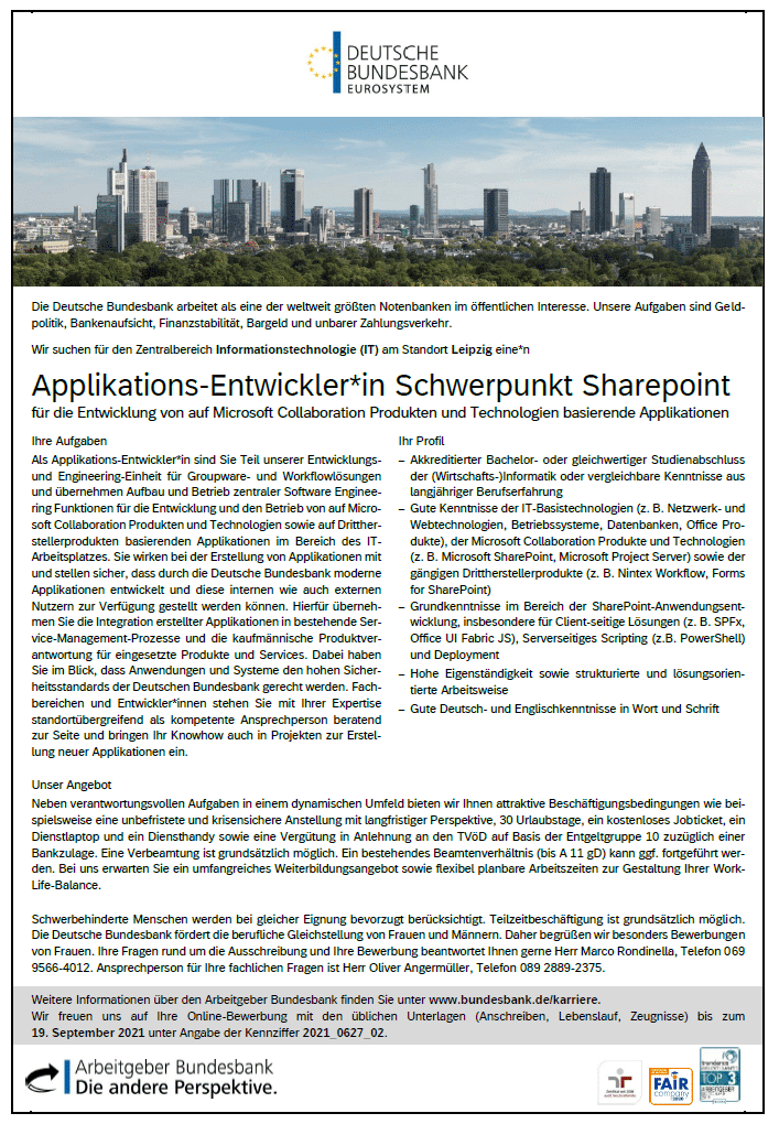 Stellenangebot: Applikations-Entwickler*in Schwerpunkt Sharepoint Applikations Entwicklerin Schwerpunkt Sharepoint
