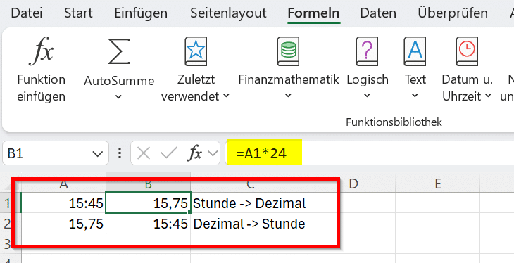 Excel Stunden in Dezimal 