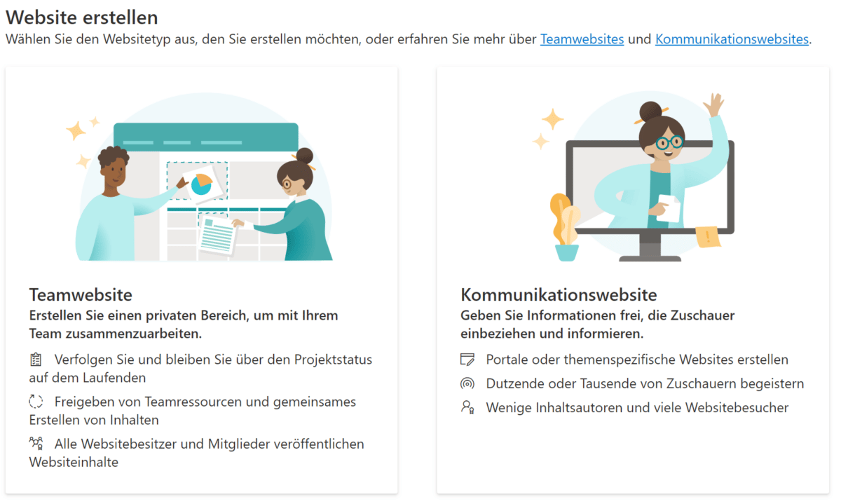 SharePoint Teamwebsite Kommunikationswebsite