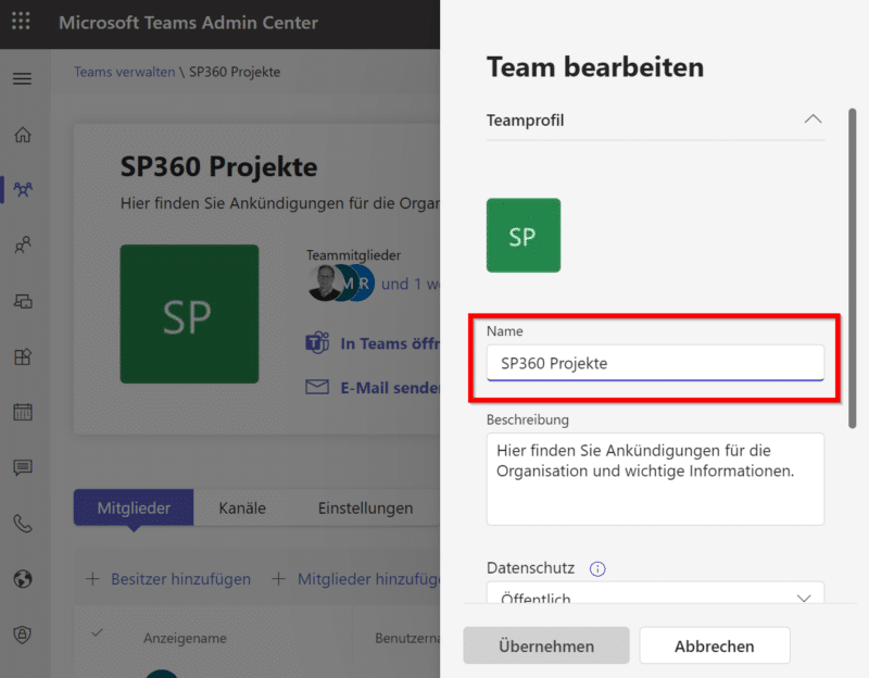 TeamNamen in MS Teams umbenennen 4 ÄnderungsOptionen