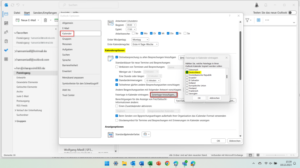 feiertage in outlook anzeigen